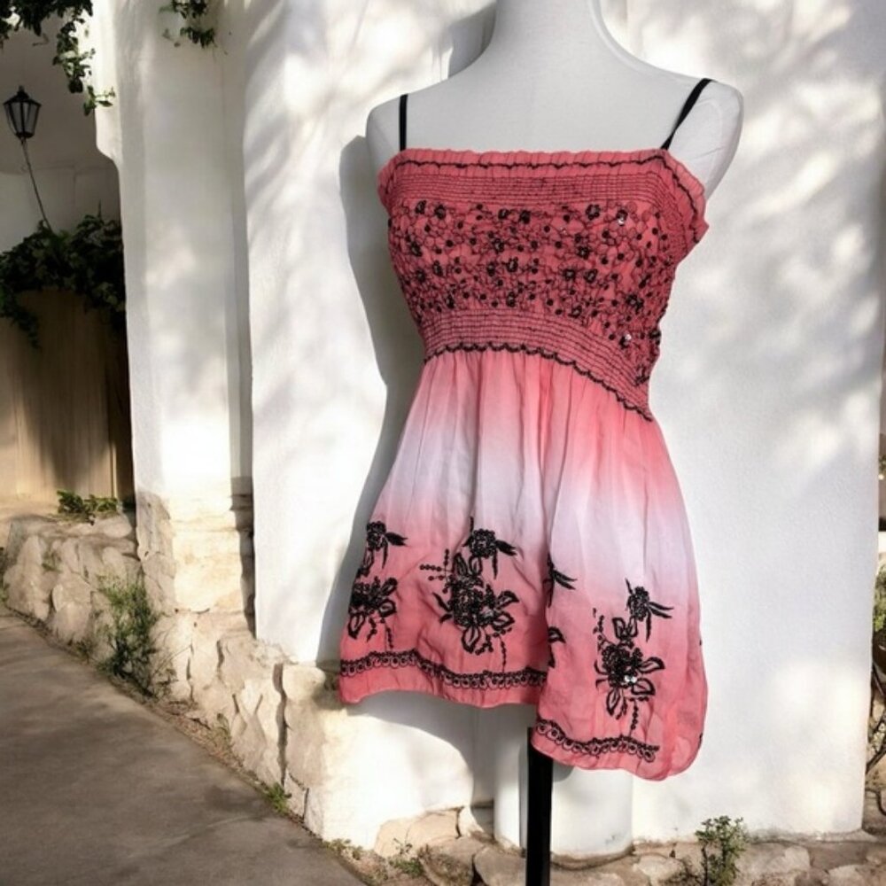 Y2K Pink and Black Embroidered Top Fairycore embroidered beaded sequins L XL